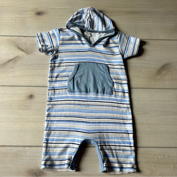 NWOT 100% Pima Cotton Feather Baby Hooded Striped Blue and White Kids Romper - Picture 1 of 5
